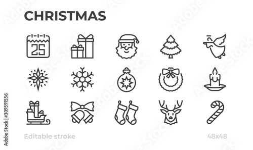 Christmas icons, Santa Claus, gifts and other symbols. Editable stroke.