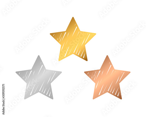 3 winner stars. gold, silver and bronze medals in the style of a hand-drawn outline, brush texture.