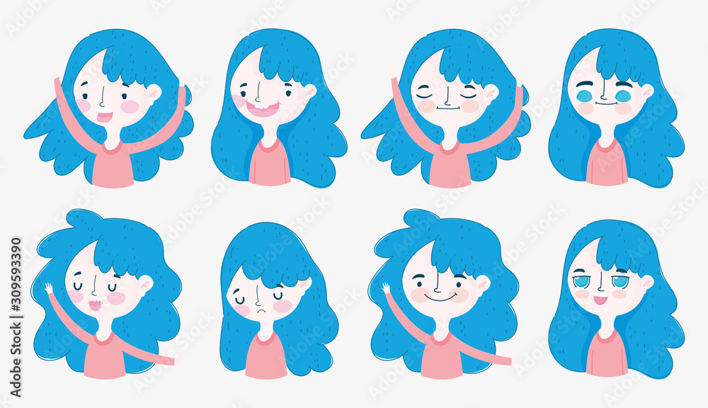 kawaii cartoon faces and gestures little girl with blue hair kawaii cartoon faces and gestures little girl with blue hair