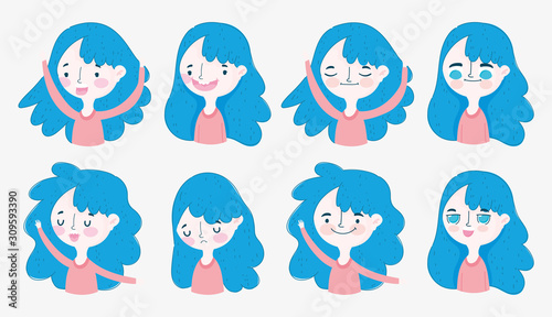 kawaii cartoon faces and gestures little girl with blue hair