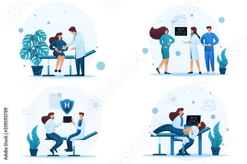 Set 2D Flat concepts Examination of pregnant women and management of pregnancy. For Concept for web design