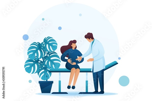 Gynecologist examines a pregnant woman, pregnancy monitoring. Flat 2D character. Concept for web design photo
