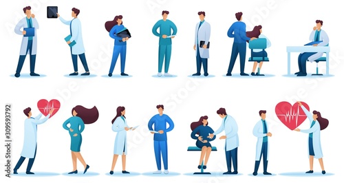 Set of 2D flat vector symbols for doctors, medical staff and pregnant women