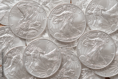 Silver coins american eagle top view