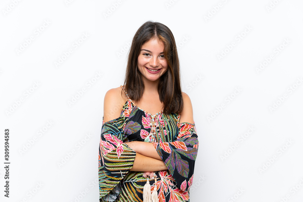 Caucasian young woman in colorful dress on isolated white background laughing Caucasian young woman in colorful dress on isolated white background laughing