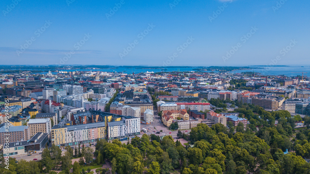 Helsinki, Finland. Aerial drone views from Hietanieman cemetery towards city center