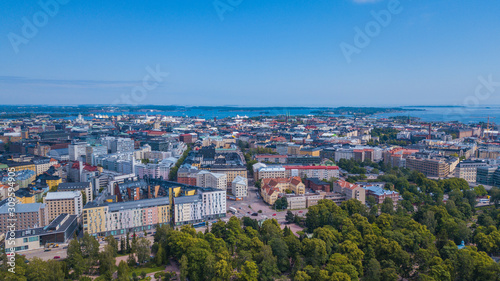 Helsinki, Finland. Aerial drone views from Hietanieman cemetery towards city center