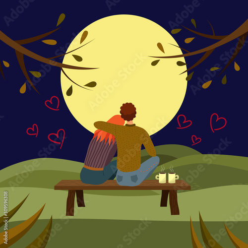 Silhouette of man and woman in love, couple cuddling, shining full moon and stars with clouds, tree and river water, isolated on vector illustration
