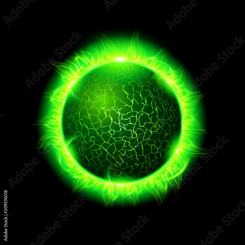 Illustration of a Green Fiery Ball of a Burning Star, Solar Disk. Solar Flare Burning Around Astrological Celestial At Galaxy Concept Illustration on Black Background