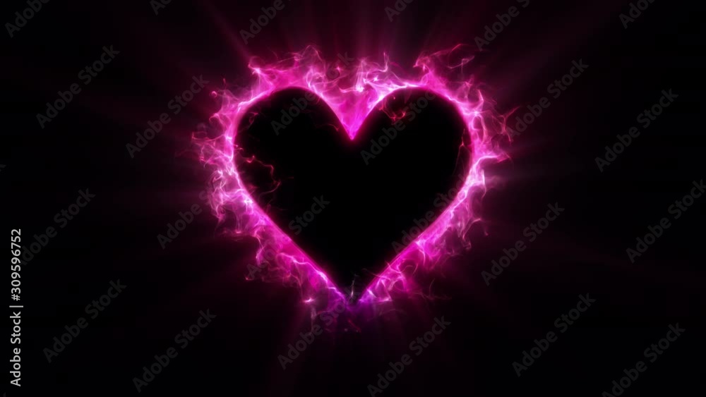 Pink magenta color glowing burning heart shape Valentine's Day love card. Vivid colored smoke flame. Romantic lovely logo copy space animation. Isolated on black alpha copyspace 4k 60fps