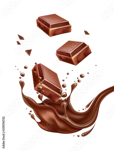 Vector realistic chocolate splash with bar pieces