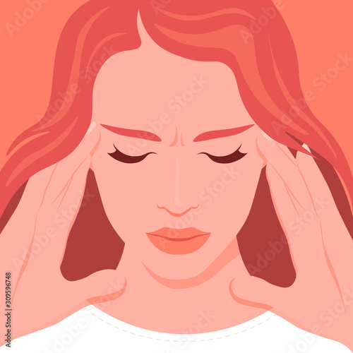 Face of a woman suffering from headache and migraine. Overwork. Symptom of influenza and other diseases. Stress. Vector flat illustration