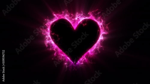 Pink magenta color glowing burning heart shape Valentine's Day love card. Vivid colored smoke flame. Romantic lovely logo copy space animation. Isolated on black alpha copyspace 4k 60fps