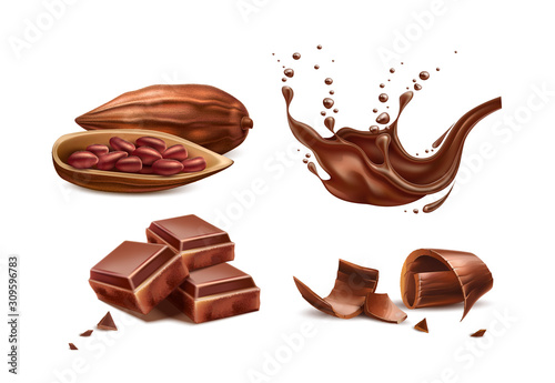 Vector realistic chocolate splash with bar pieces