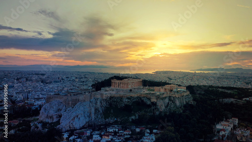 Aerial drone photo of iconic Acropolis hill and the Parthenon at dusk with beautiful sky and colours, Athens, Attica, Greece © aerial-drone