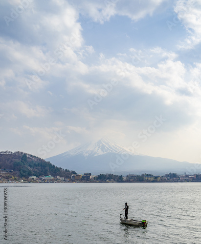 Mountain lake angler on the Kawaguchi lake