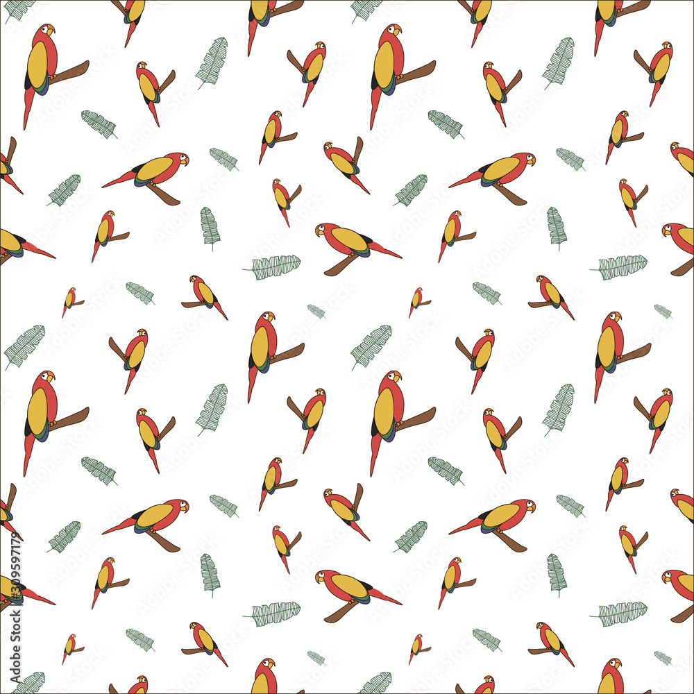 Seamless pattern with color parrot and leaf. .Vector image pattern. Ara background.