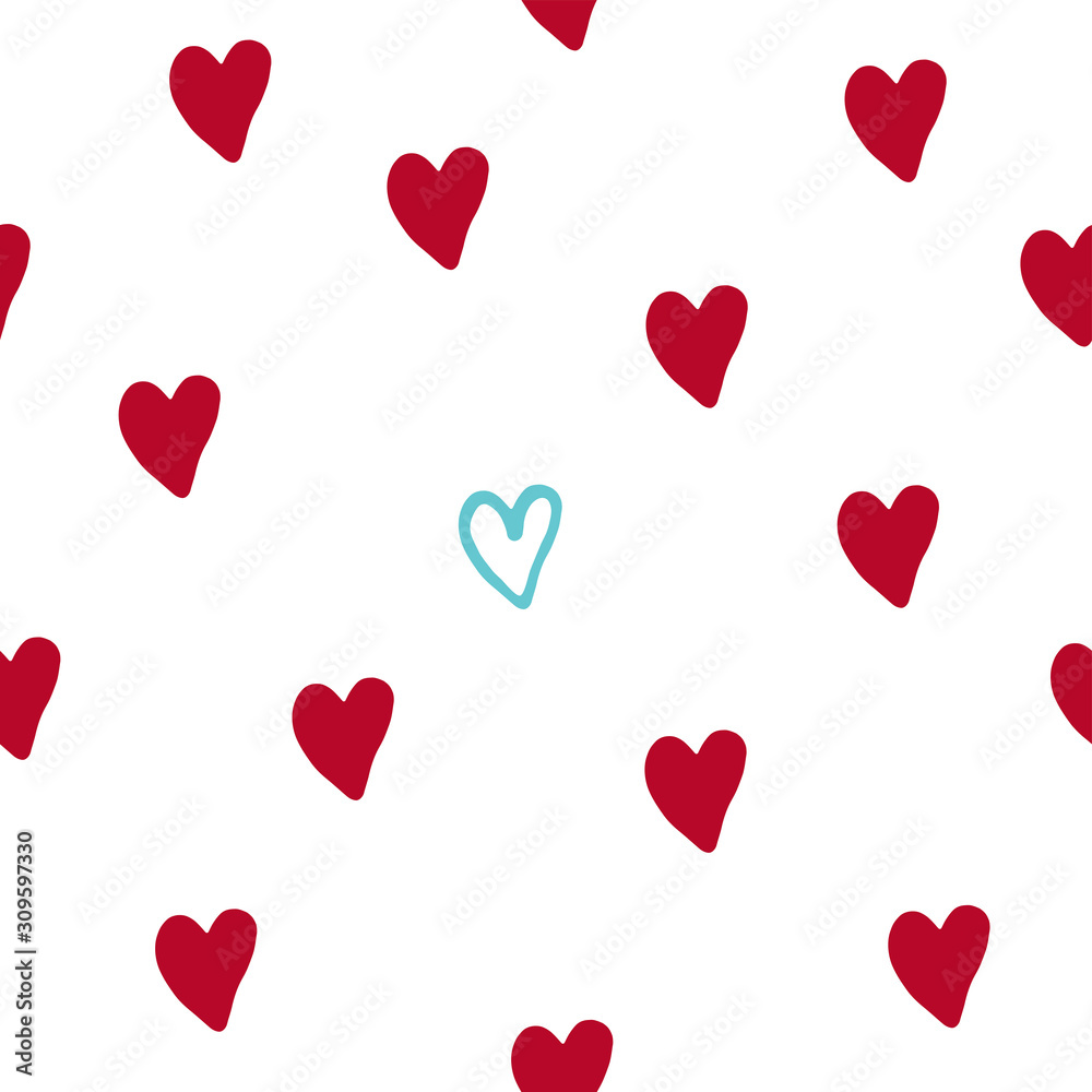 Seamless pattern with blue and red hearts doodle. Valentine's Day, wedding day pattern. Hearts doodle fon.v