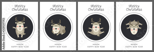 Merry christmas and happy new year greeting card. The inscription and deer. Vector illustration.