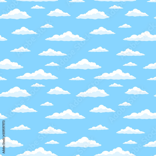 Cartoon blue sky wish clouds. Seamless pattern. Texture for fabric, wrapping, wallpaper. Decorative print.