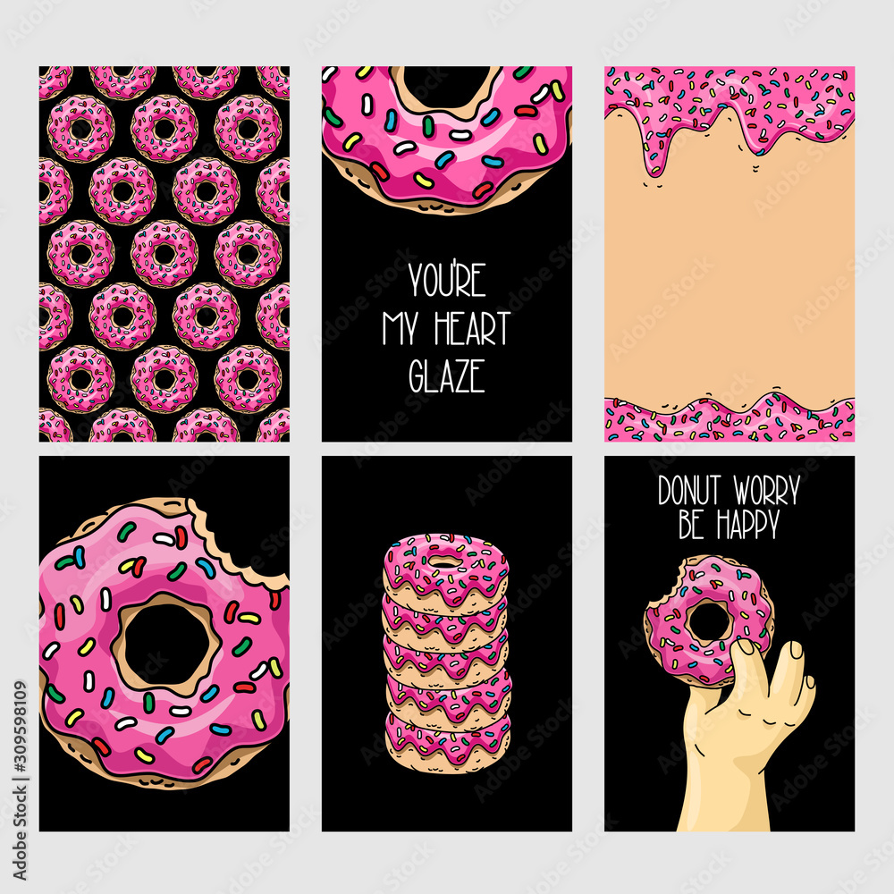 Set of bright food cards. Set of cartoon donuts with pink glaze. Seamless pattern with pink donuts. Pink donut's background, card, poster. Texture for fabric, wrapping, wallpaper. Decorative print. Stock Vector | Set of bright food cards. Set of cartoon donuts with pink glaze. Seamless pattern with pink donuts. Pink donut's background, card, poster. Texture for fabric, wrapping, wallpaper. Decorative print. Stock Vector |