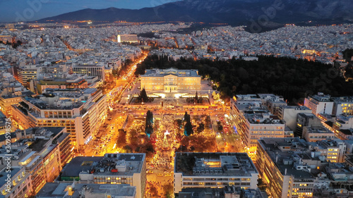 Photography Aerial drone photo of illuminated festive Syntagma square featuring Greek Parlia