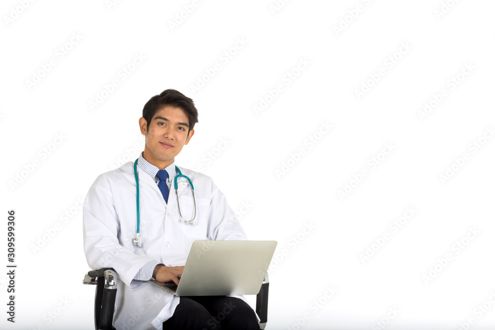An Asian doctor holding a notebook on a whitebackground. An Asian doctor holding a notebook on a whitebackground.