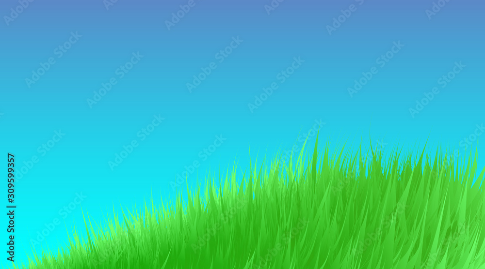 Obraz premium Green grass meadow background. Border pattern on blue sky spring or summer. Field, lawn organic, bio, eco. High fresh digital imitation, blend. Vector illustration Eps 10