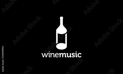 Black White wine bottle with music note logo design concept