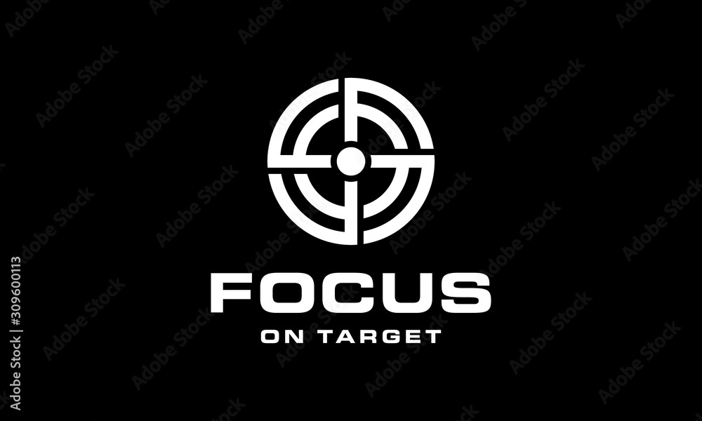 Black initial letter F with focus target logo design concept - obrazy, fototapety, plakaty 