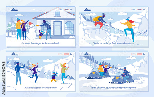 Winter Family Tourism and Travel Advertising Set.