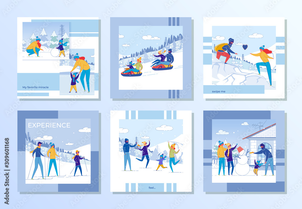 Family Winter Vacation and Outdoor Fun Vector Set.