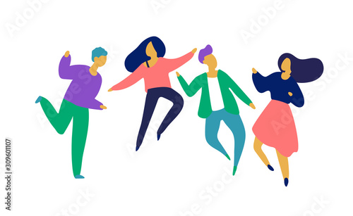 Group of young guys, dancers, party animals, men and women isolated on white background. Vector illustration of flat design. Use in web projects and applications. In minimalism in 90s,80s