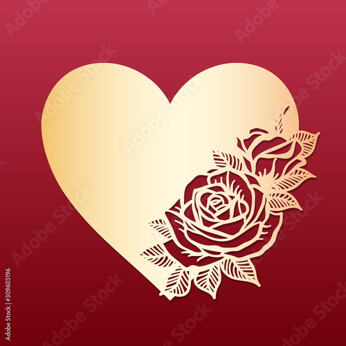 Laser cut heart with pattern of roses. Template for cutting, interior design, layouts wedding cards, invitations, Valentine's Day cards. Vector floral heart.