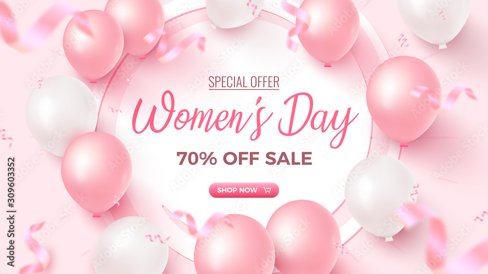 Women's Day Special Offer. 70% Off Sale banner design with white frame, pink and white air balloons on rosy background Women's Day Special Offer. 70% Off Sale banner design with white frame, pink and white air balloons on rosy background