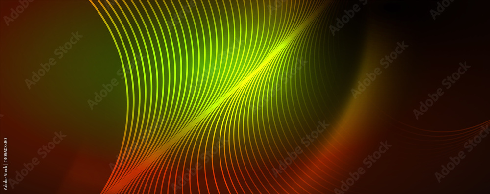Bright neon circles and wave lines, glowing shiny background design template, digital techno concept. Bright neon circles and wave lines, glowing shiny background design template, digital techno concept.