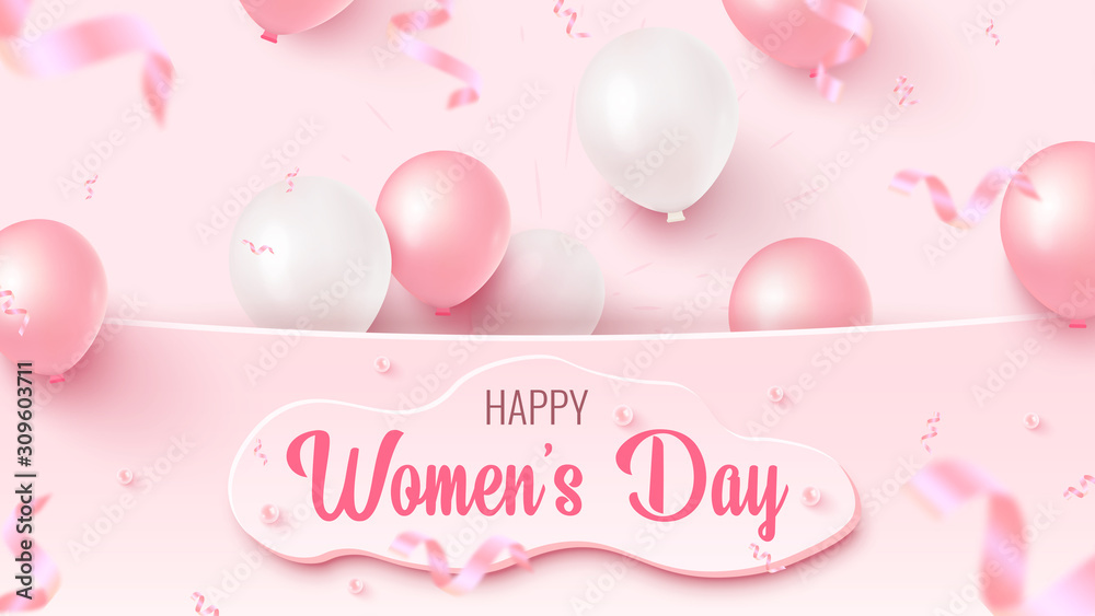 Happy Women's Day text design with custom shape, pink and white air balloons, falling foil confetti on rosy background - obrazy, fototapety, plakaty 