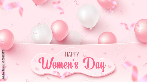 Happy Women's Day text design with custom shape, pink and white air balloons, falling foil confetti on rosy background