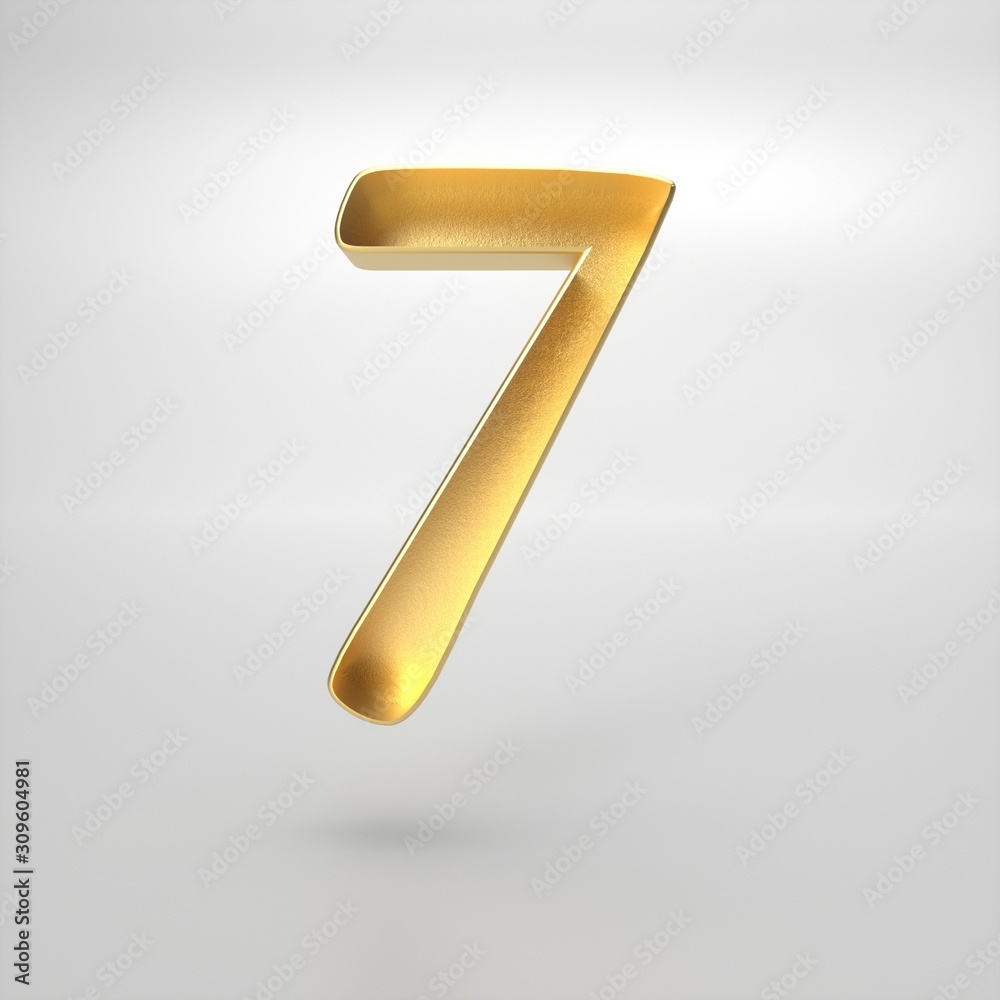 3d rendering of the number 7 in gold metal on a white isolated background. 3d rendering of the number 7 in gold metal on a white isolated background.