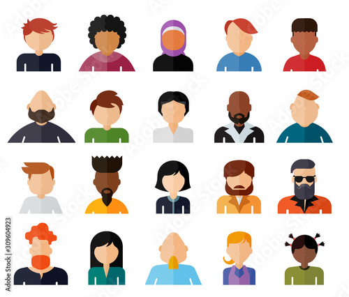 Set of people avatar flat design icons. Diverse faces. Vector illustration of flat design people characters.