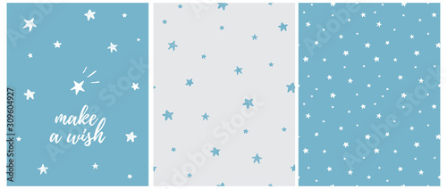 Make a Wish.Lovely Nusery Art with White Hand Drawn Twinkle Stars Isolated on a Blue Background. Blue and Gray Starry Sky Seamless Vector Pattern. Cute Night Sky Illustration for Card,Wall Art,Fabric.