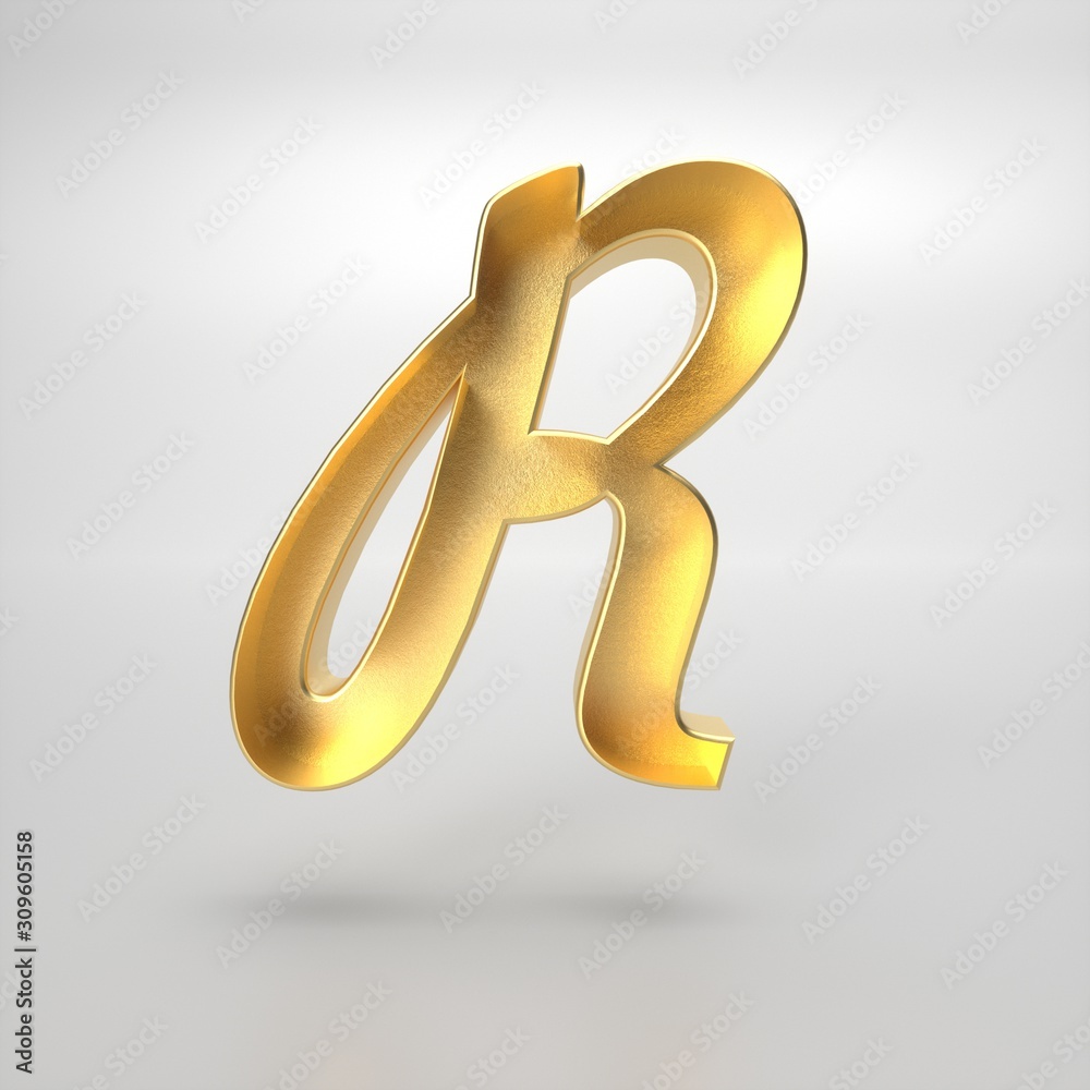 3d rendering of the letter R in gold metal on a white isolated background. 3d rendering of the letter R in gold metal on a white isolated background.