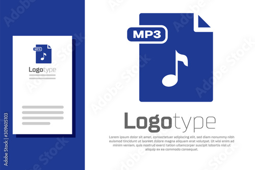 Blue MP3 file document. Download mp3 button icon isolated on white background. Mp3 music format sign. MP3 file symbol. Logo design template element. Vector Illustration photo