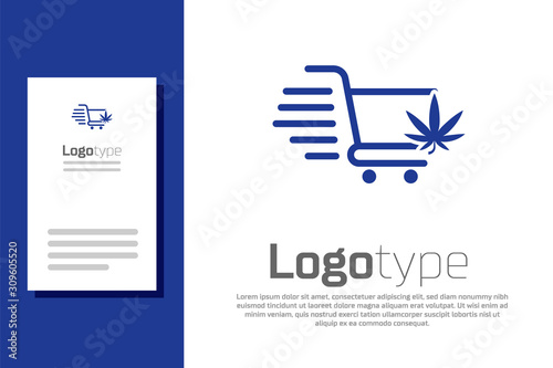 Blue Shopping cart with marijuana or cannabis leaf icon isolated on white background. Online buying. Delivery service. Supermarket basket. Logo design template element. Vector Illustration