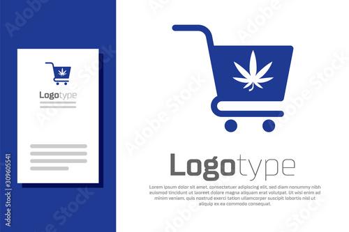 Blue Shopping cart with marijuana or cannabis leaf icon isolated on white background. Online buying. Delivery service. Supermarket basket. Logo design template element. Vector Illustration