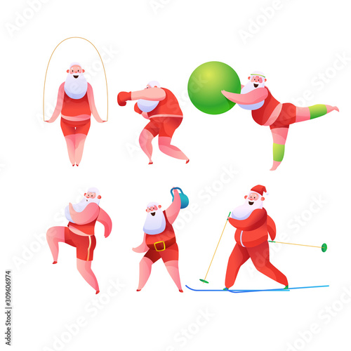 Vector funny flat santa doing sports set
