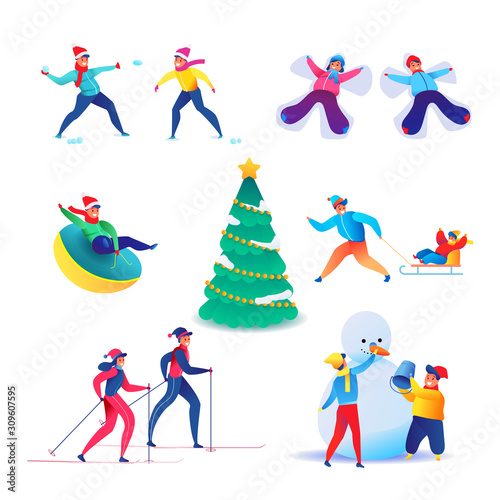 Vector people having fun outdoors at winter