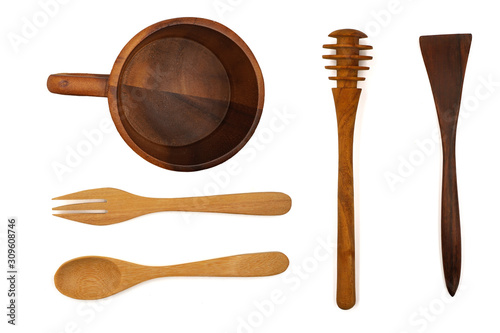 Quadro su tela top view of Wood kitchenware or utensils compose of spoon , fork , honey dipper