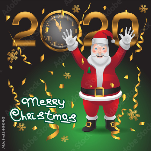 Santa Claus character 2020 watches confetti snowflakes on black isolated background. Victorea image. photo