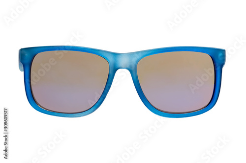 Stylish unisex sunglasses with a blue translucent plastic frame. Front view.